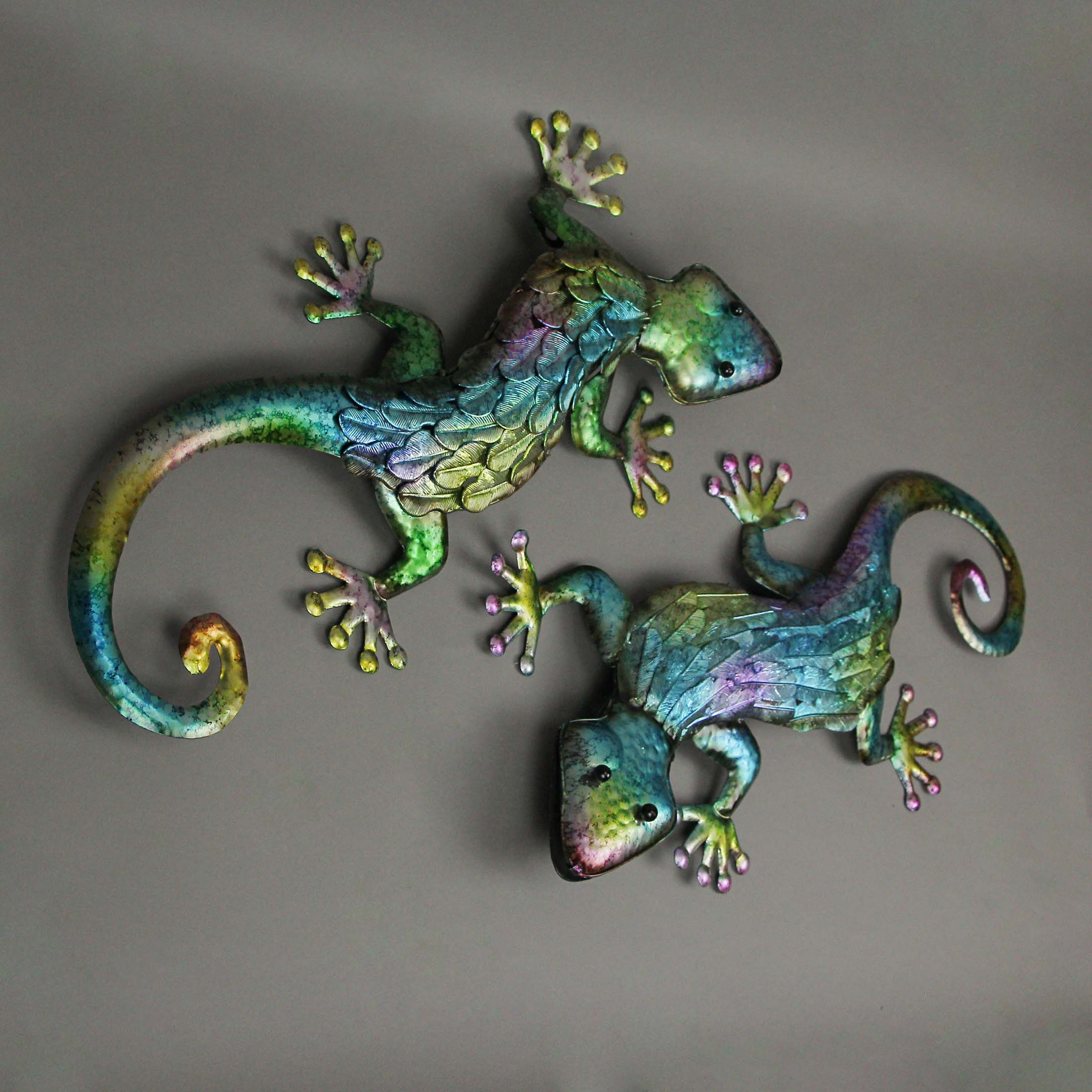 Alt View 2. The Gerson Companies - Set of 2 Multicolor Metal Gecko Lizard Wall Sculptures 19.25 Inches Long - Multicolored.