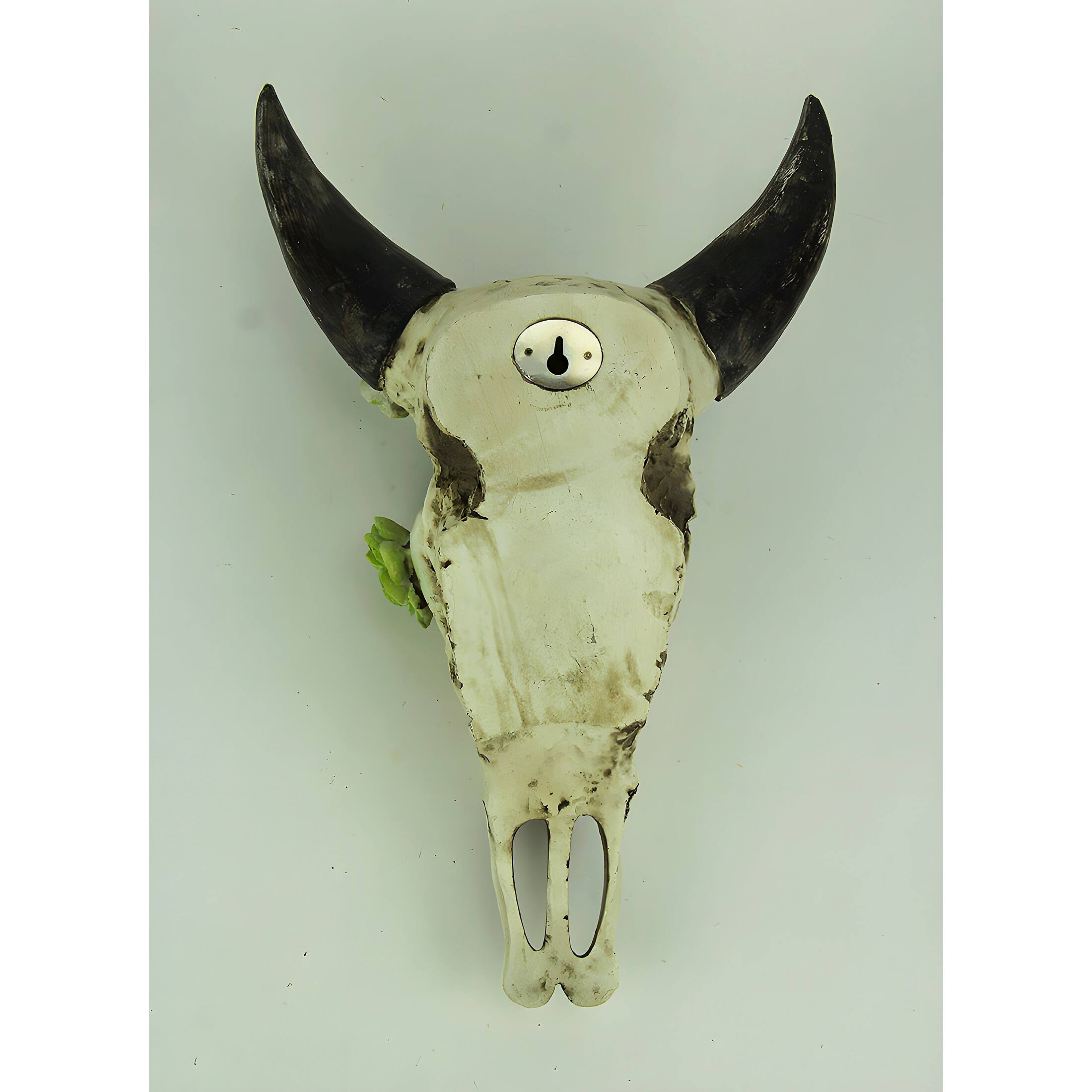 Alt View 2. Zeckos - Aged Bull Skull with Succulent Plants Hanging Statue - White.