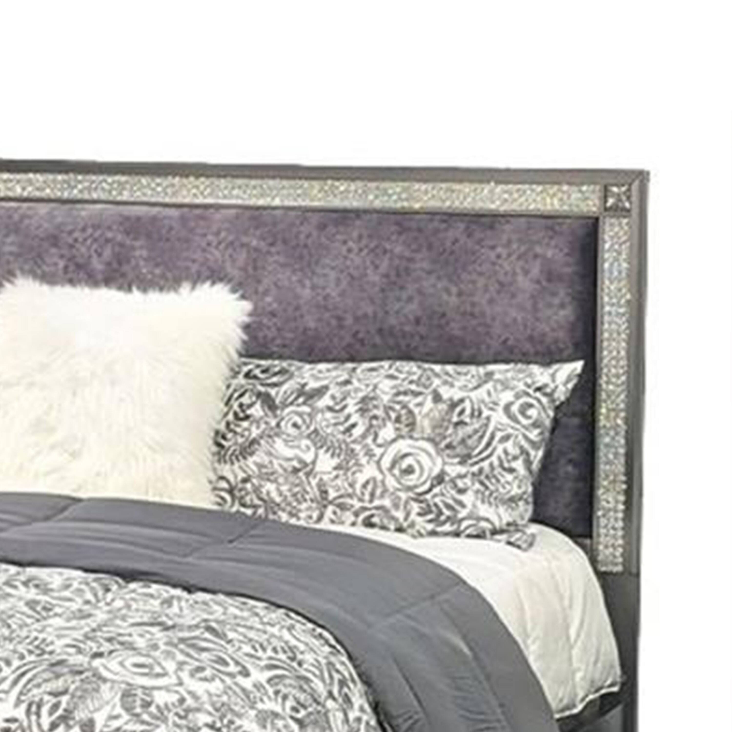 Left. Manhattan Lane - Laine Full Bed, Glam Crystal Acrylic Trim, Gray Fabric Upholstered - Gray.
