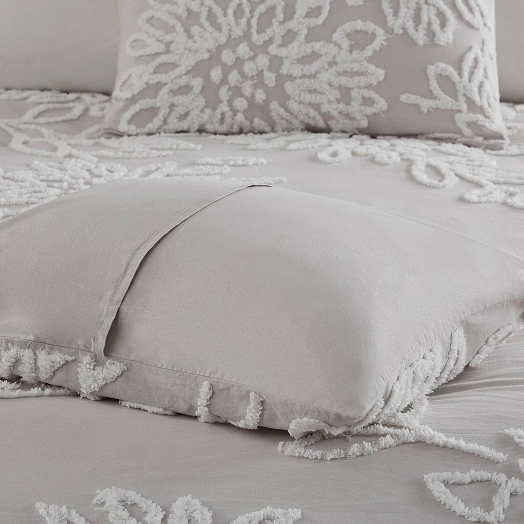 Alt View 1. Gracie Mills - Gracie Mills Anita 3-Piece Farmhouse Tufted Cotton Chenille Floral Comforter Set - Warm Grey/White.