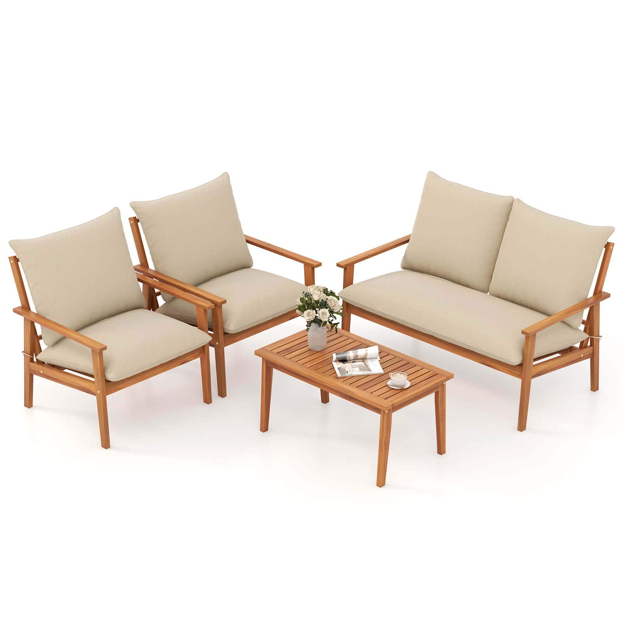 Front. Costway - 4 PCS Acacia Wood Patio Furniture Set with Soft Cushions and Coffee Table - Off White,Natural.