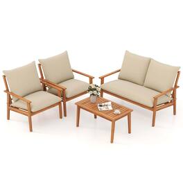 Costway - 4 PCS Acacia Wood Patio Furniture Set with Soft Cushions and Coffee Table - Off White,Natural