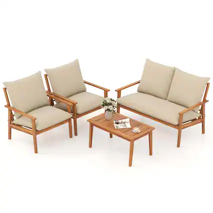 Front. Costway - 4 PCS Acacia Wood Patio Furniture Set with Soft Cushions and Coffee Table - Off White,Natural.