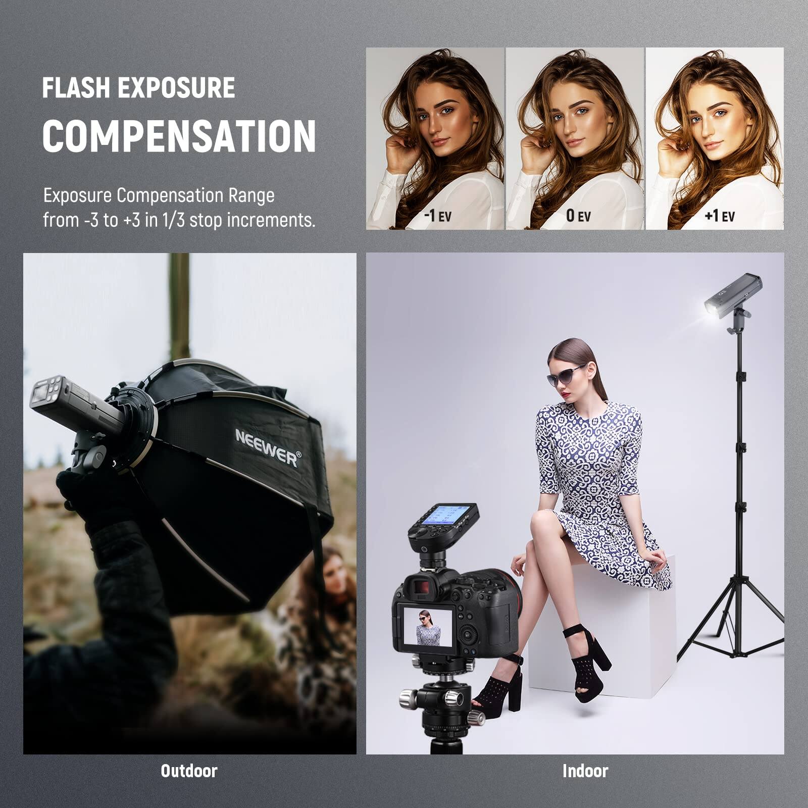 FLASH EXPOSURE COMPENSATION

Exposure Compensation Range from -3 to +3 in 1/3 stop increments.

-1 EV 0 EV +1 EV

NEEWER

Outdoor Indoor