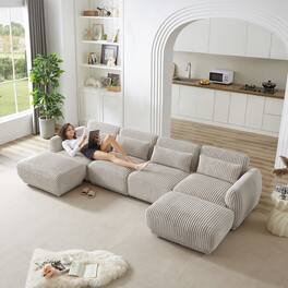 Electra Tech Xpress - Corduroy Fabric Sectional Sofa,Convertible U Shaped Sectional for Living Room,Modular Couch with Removable Ottoman - Light Gray