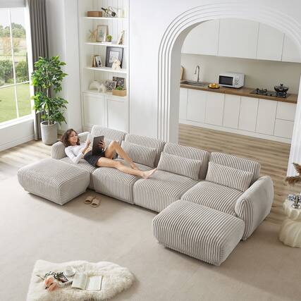 Front. Electra Tech Xpress - Corduroy Fabric Sectional Sofa,Convertible U Shaped Sectional for Living Room,Modular Couch with Removable Ottoman - Light Grey.