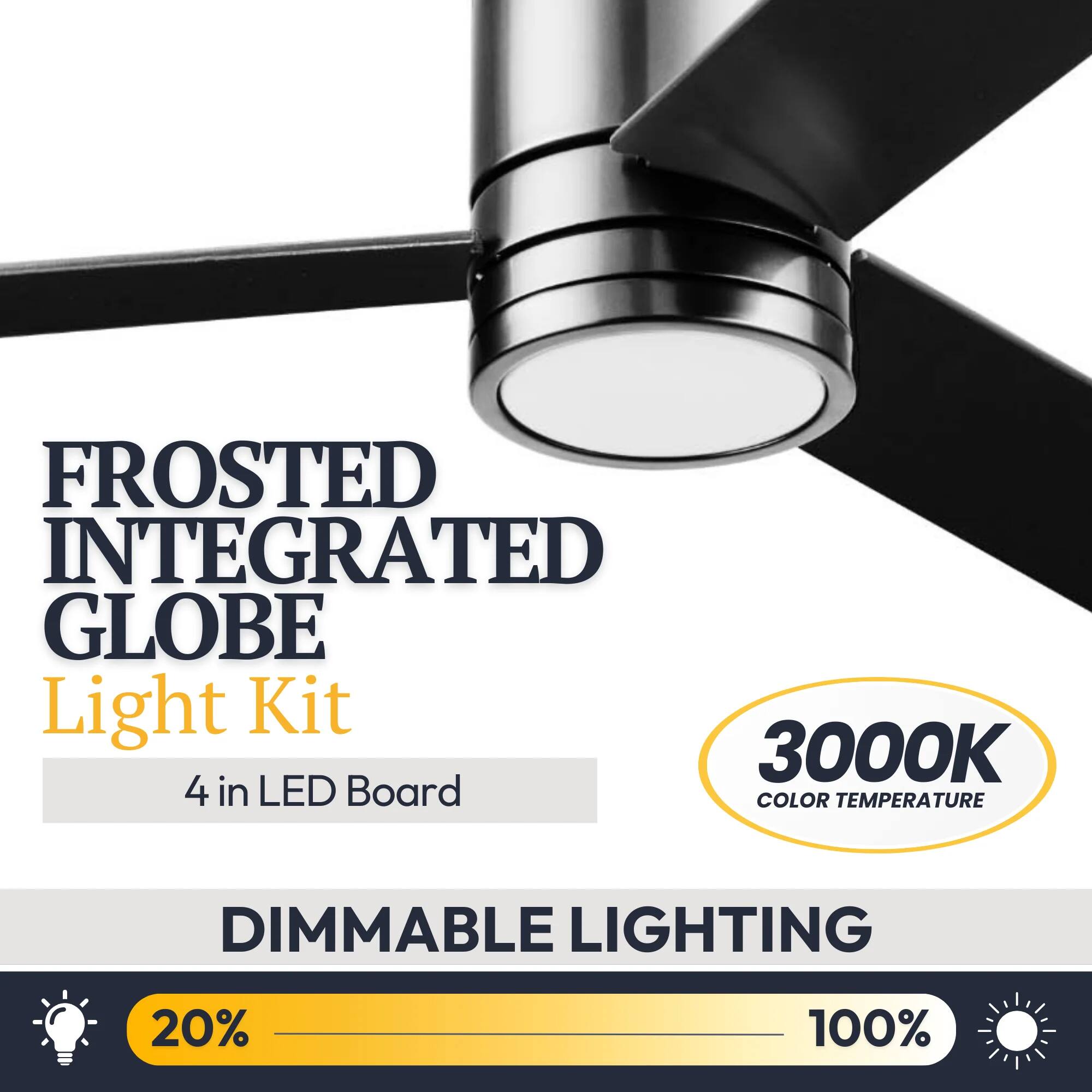FROSTED INTEGRATED GLOBE Light Kit  
3000K  
4 in LED Board  
COLOR TEMPERATURE  
DIMMABLE LIGHTING  
20% - 100%