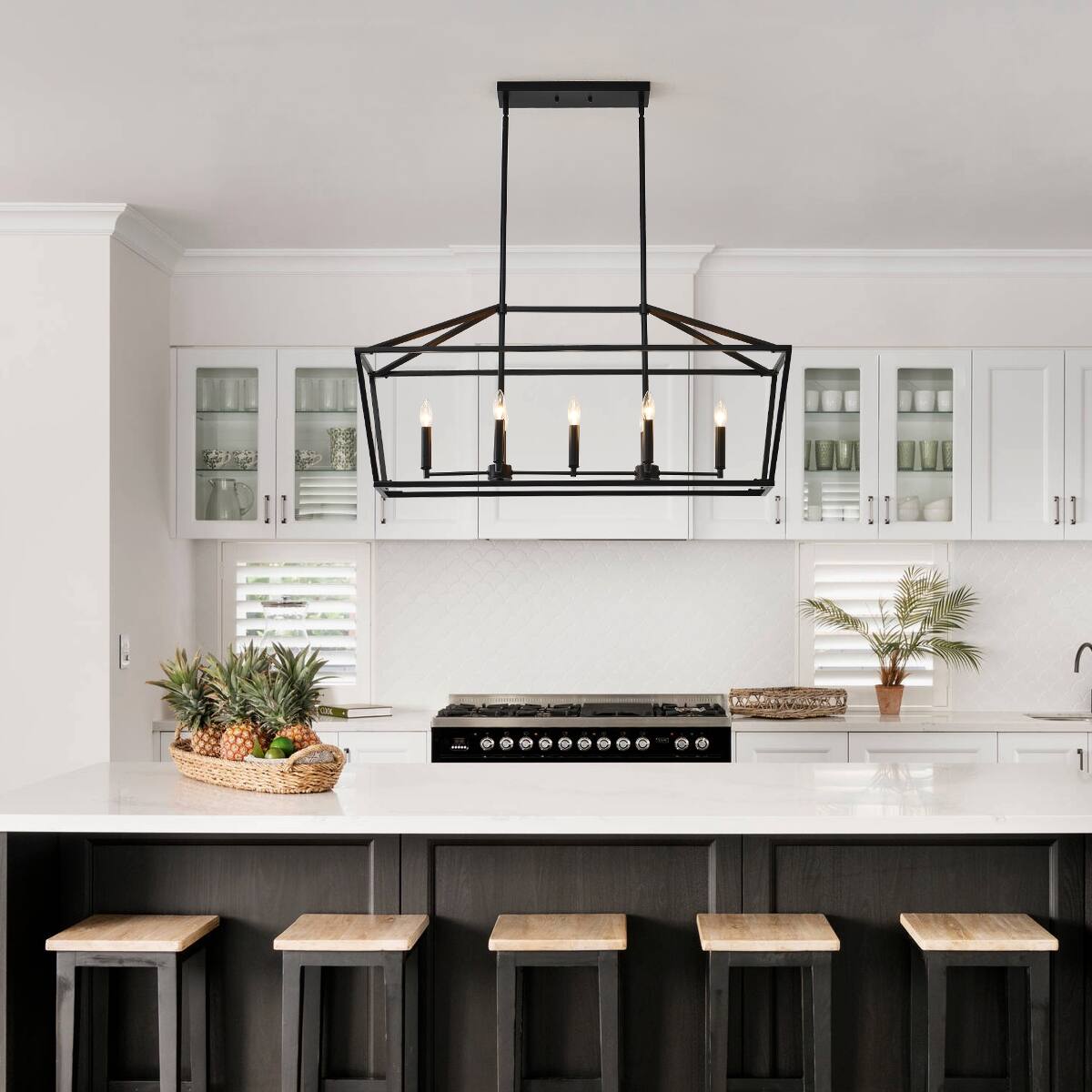 Alt View 2. Loheer - Loheer Farmhouse Kitchen Island Lighting, Matte Black Five Light Linear Chandelier for Dining Room.
