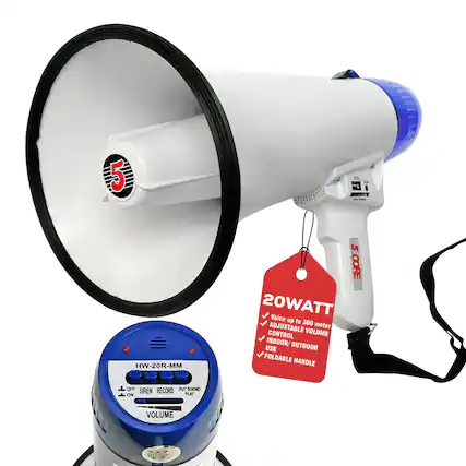 5 L HW-20R-MM
20WATT
Voice up to 300 meter
ADJUSTABLE VOLUME CONTROL
INDOOR/OUTDOOR USE
FOLDABLE HANDLE
OFF SIREN RECORD PUT SOUND ON PLAY
VOLUME