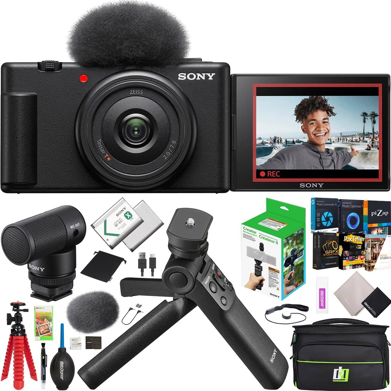 Sony - ZV-1F Vlog Camera 4K Content Creator Black + ACCVC2 Tripod & Mic Bundle