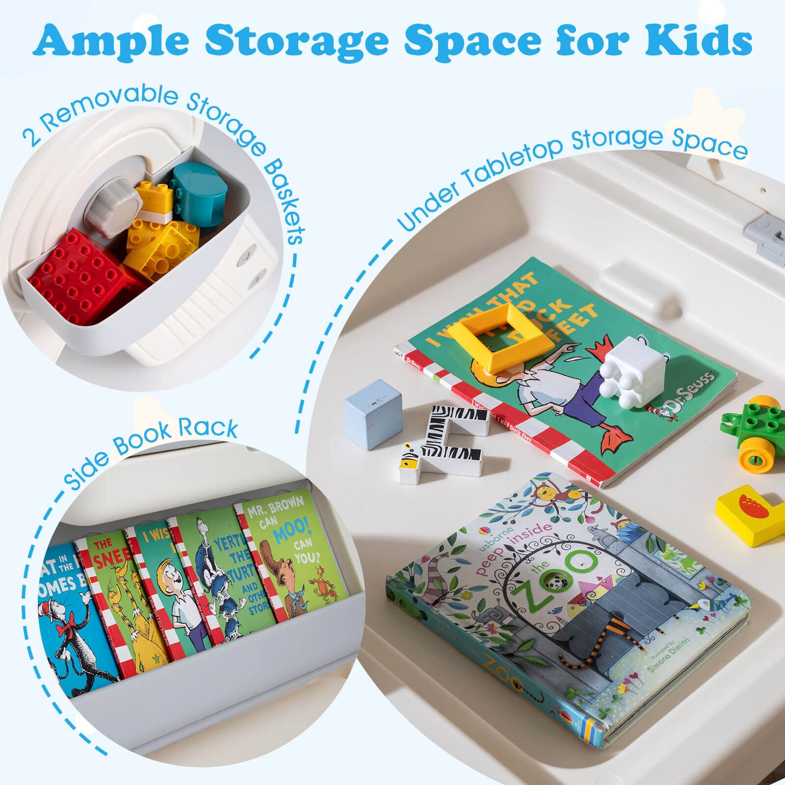 Ample Storage Space for Kids

- 2 Removable Storage Baskets
- Under Tabletop Storage Space
- Side Book Rack

Dr. Seuss Book Rack

- I Will Not Eat You!
- Mr. Brown Can Moo! Can You?
- Peep Inside the Zoo