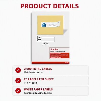 PRODUCT DETAILS

- 2,000 TOTAL LABELS
- 100 sheets per box
- 20 LABELS PER SHEET
- 1" X 4" each
- WHITE PAPER LABELS
- Permanent adhesive backing