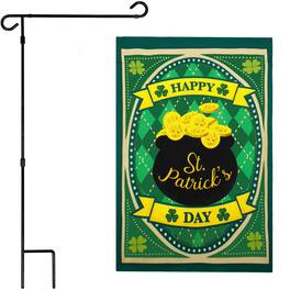 G128 - Combo Pack: Garden Flag Stand 36" x 16" & Double-Sided 12" x 18" Happy St. Patrick's Day Printed Flag - Green