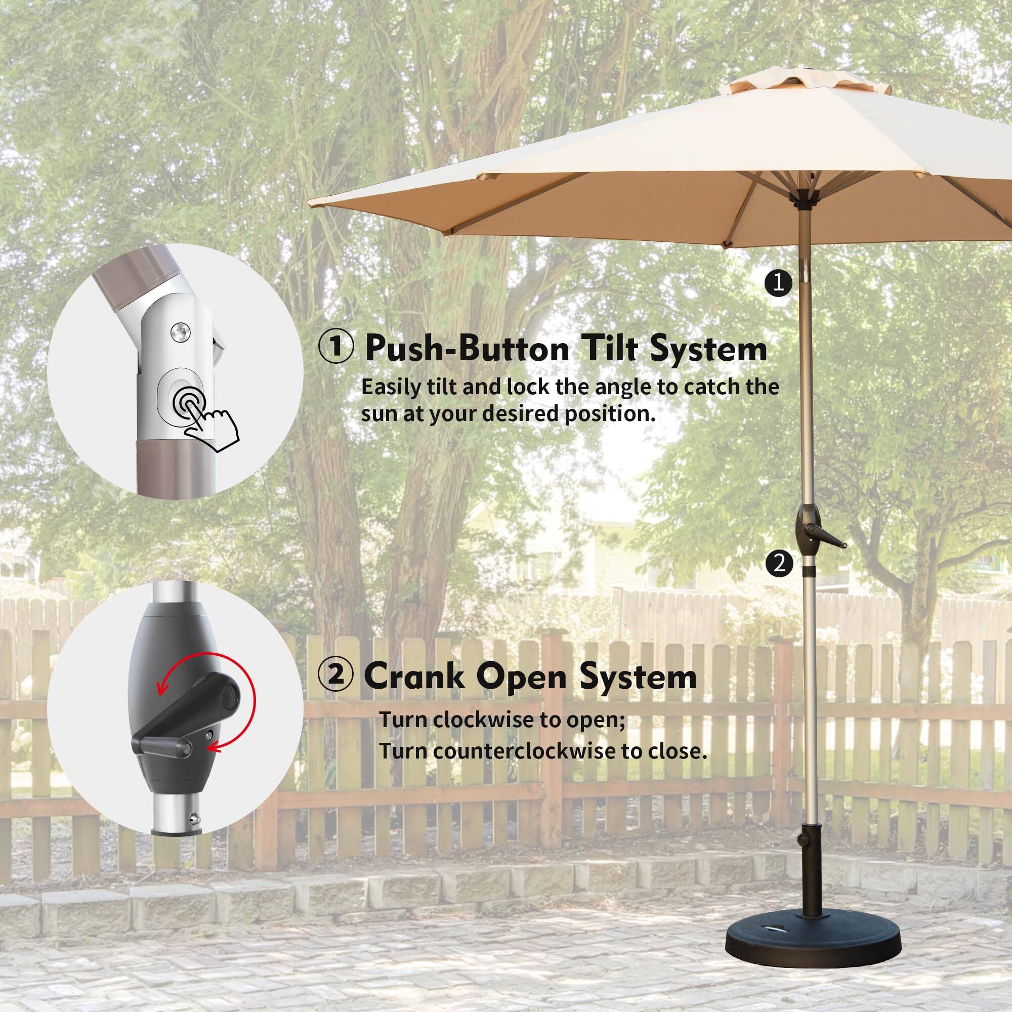 1. Push-Button Tilt System  
   Easily tilt and lock the angle to catch the sun at your desired position.

2. Crank Open System  
   Turn clockwise to open; Turn counterclockwise to close.