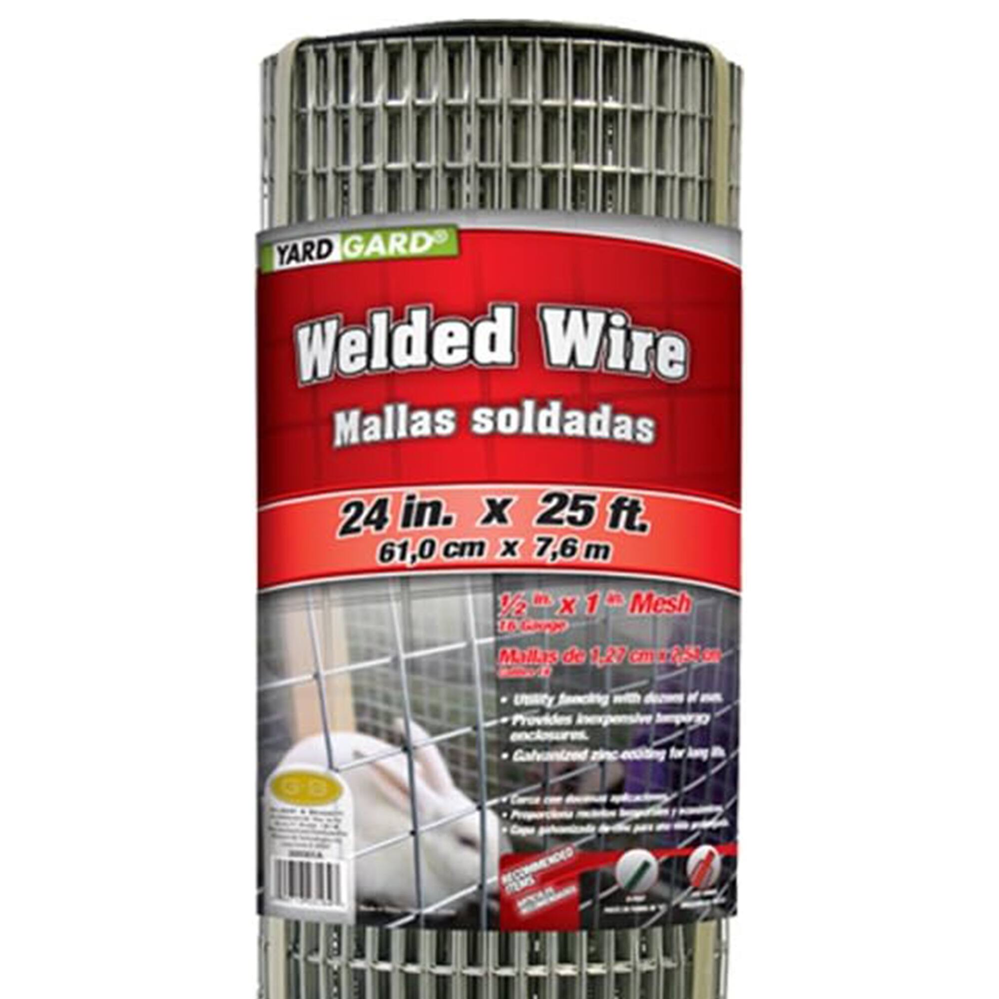 YARD GARD Welded Wire  
Mallas soldadas  
24 in. x 25 ft.  
61,0 cm x 7,6 m  
1/2 in. x 1 in. Mesh  
Mallas de 1.22 cm x 2.54 cm  
- Utility fencing with durable, long-lasting construction.  
- Provides inexpensive fencing for gardens, enclosures, and more.  
- Galvanized zinc coating for long life.  
- Easy to install with no tools required.