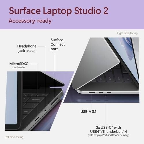 Surface Laptop Studio 2  
Accessory-ready  

Right side-facing  
- Headphone jack (3.5 mm)  
- Surface Connect port  
- MicroSDXC card reader  
- USB-A 3.1  

Left side-facing  
- 2x USB-C with USB4 / Thunderbolt 4 (with Display Port and Power Delivery)