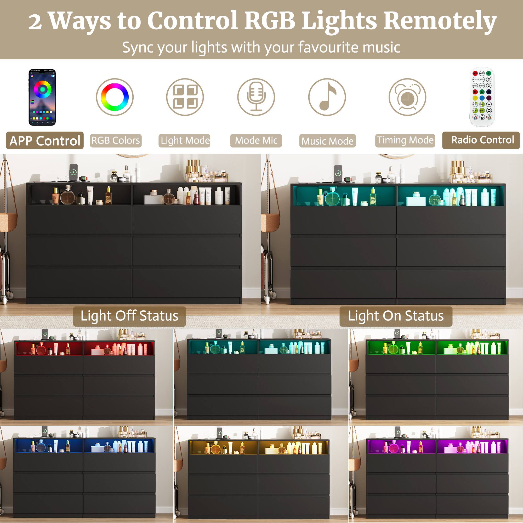 2 Ways to Control RGB Lights Remotely  
Sync your lights with your favourite music

- APP Control
- RGB Colors
- Light Mode
- Mode Mic
- Music Mode
- Timing Mode
- Radio Control

Light Off Status  
Light On Status