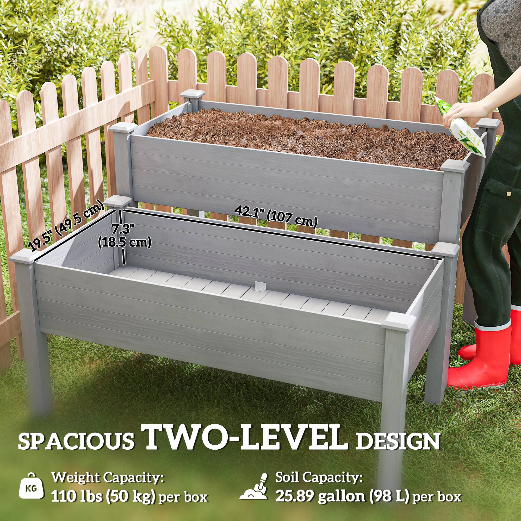 SPACIOUS TWO-LEVEL DESIGN

Weight Capacity: 110 lbs (50 kg) per box

Soil Capacity: 25.89 gallon (98 L) per box

Dimensions:
- 42.1" (107 cm) wide
- 19.5" (49.5 cm) deep
- 7.3" (18.5 cm) height