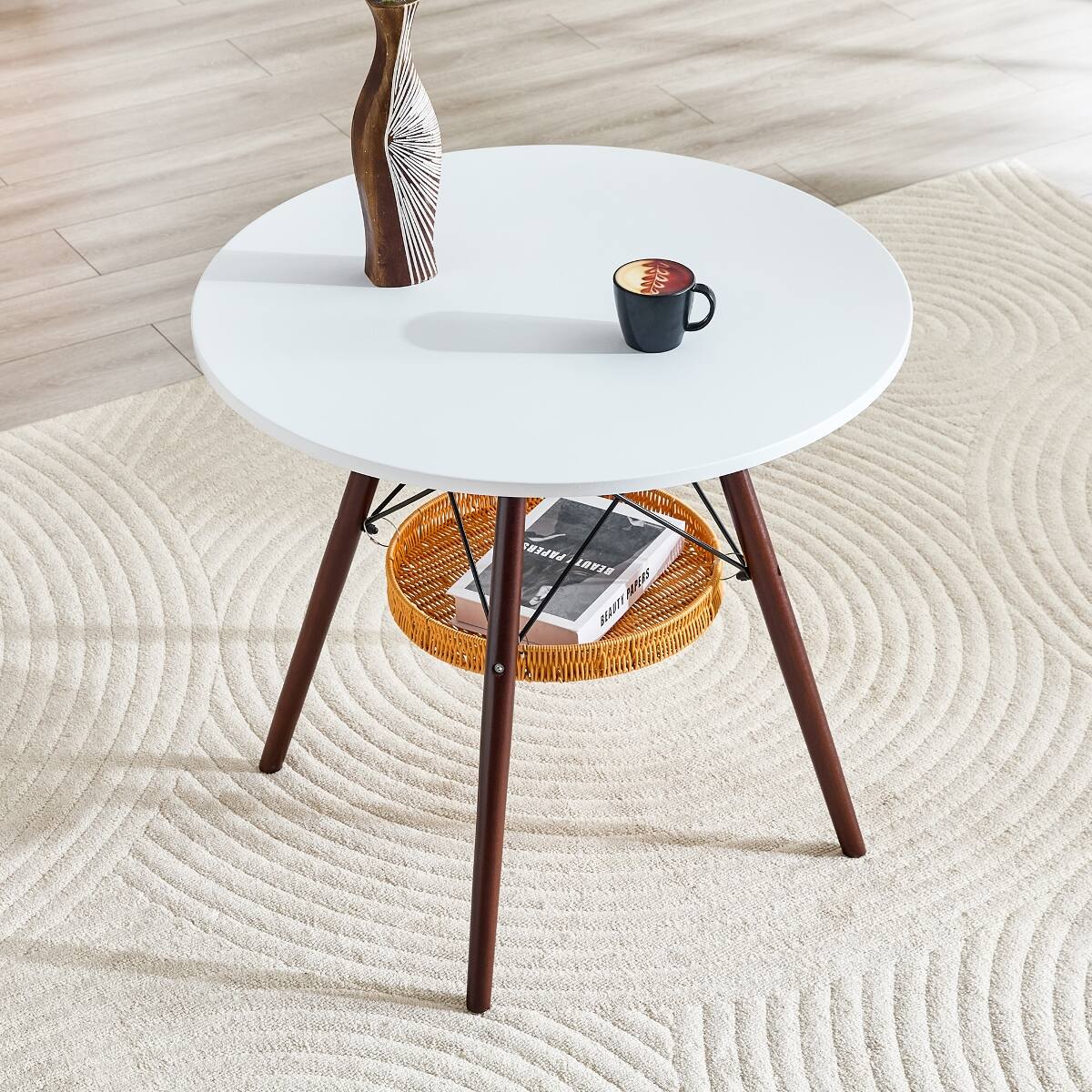 Loheer 31.5 inch Round Dining Table, White MDF Top with Walnut Solid ...
