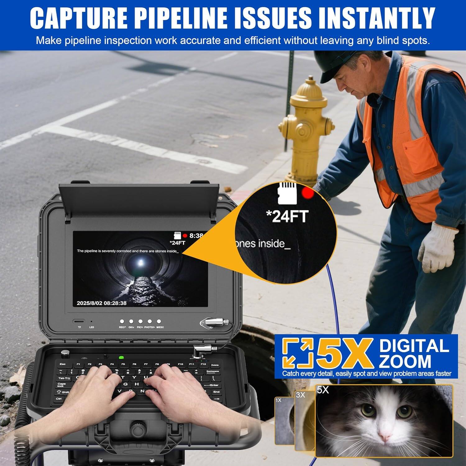 Alt View 5. Aukfa - Sewer Camera with Locator - 10" HD Borescope, Self-Leveling, IP68, 200Ft 7MM Cable, DVR, 32GB.