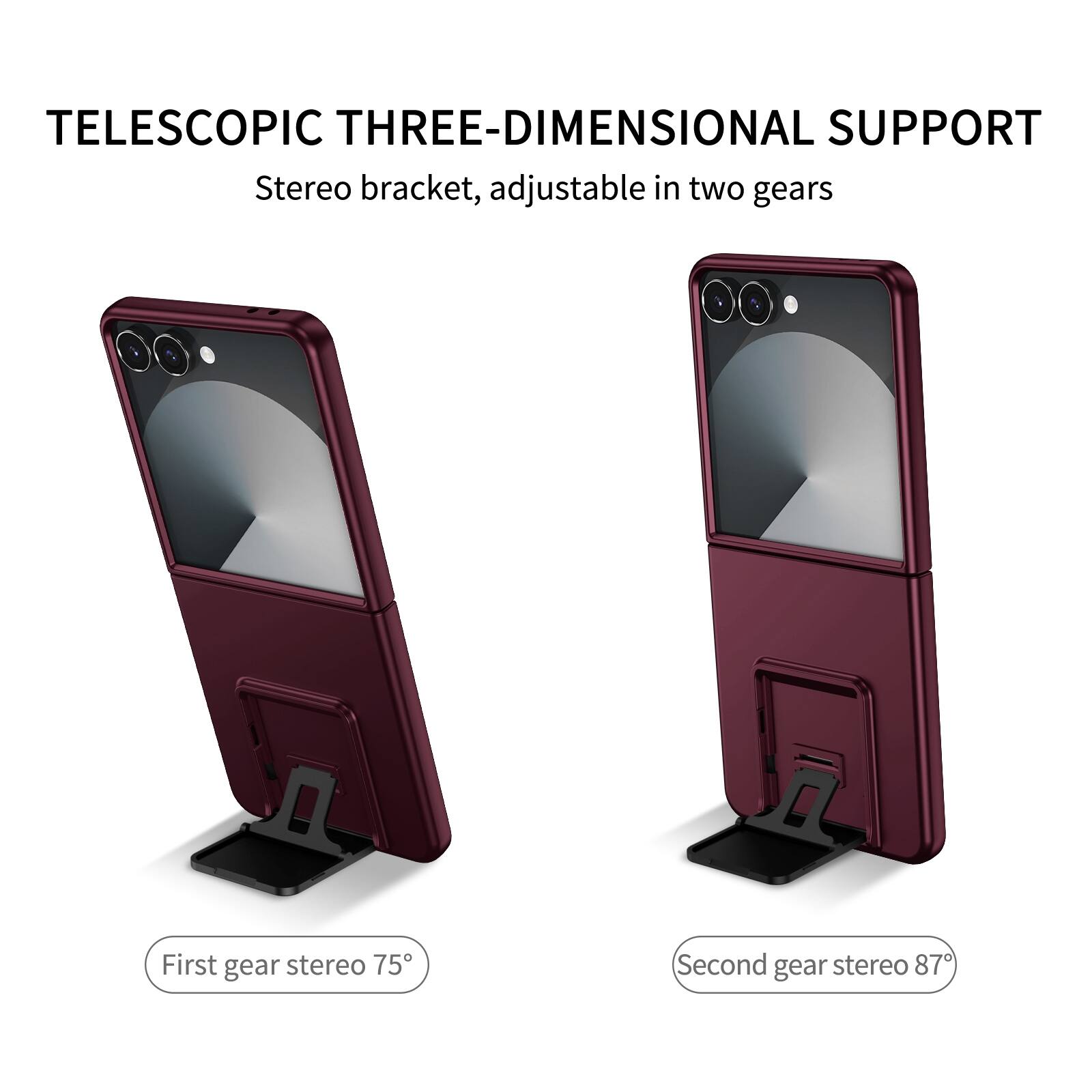TELESCOPIC THREE-DIMENSIONAL SUPPORT  
Stereo bracket, adjustable in two gears  
First gear stereo 75°  
Second gear stereo 87°