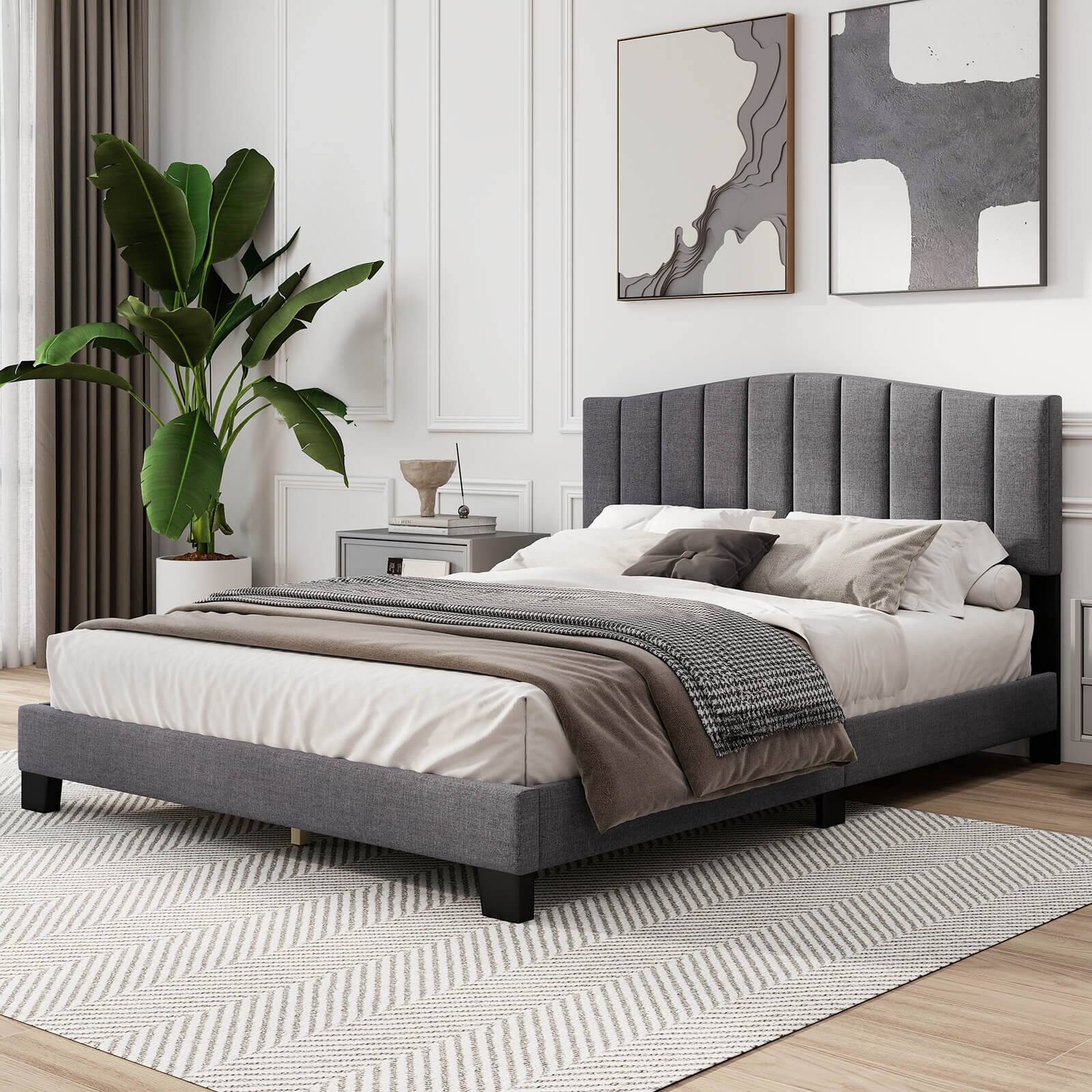 Alt View 1. Costway - Costway Modern Upholstered Bed Frame Queen Size Platform Bed with Wooden Slat Support - Gray.