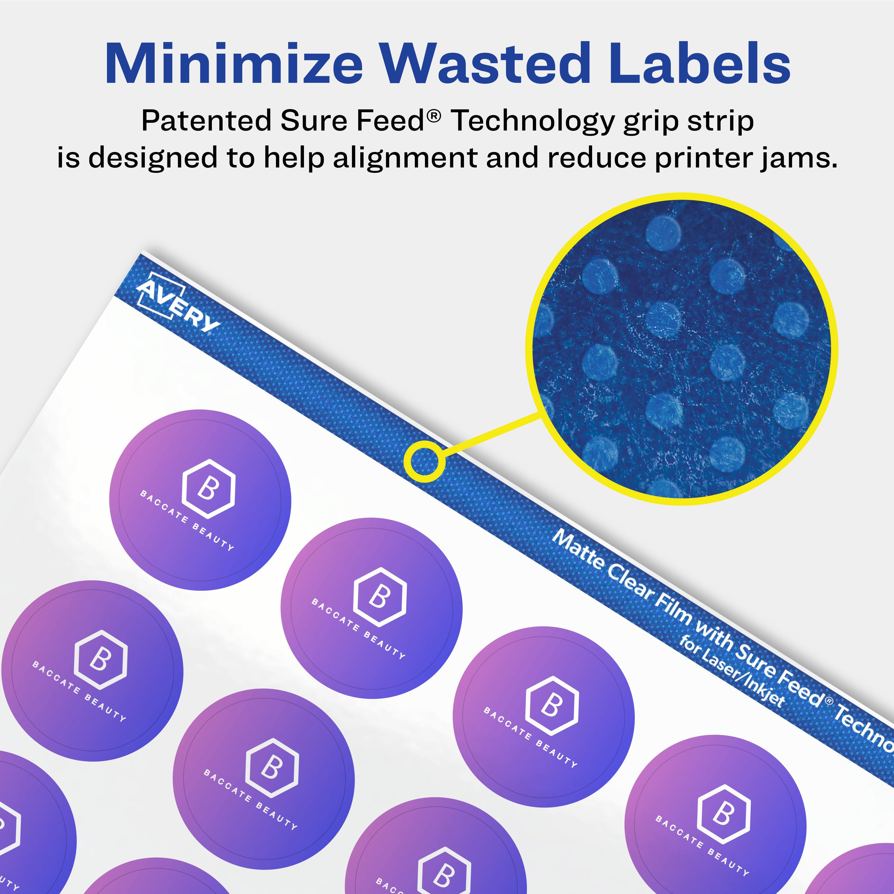 Minimize Wasted Labels

Patented Sure Feed® Technology grip strip is designed to help alignment and reduce printer jams.

AVERY

BACCATE BEAUTY

Matte Clear Film for Laser/Inkjet with Sure Feed® Technology