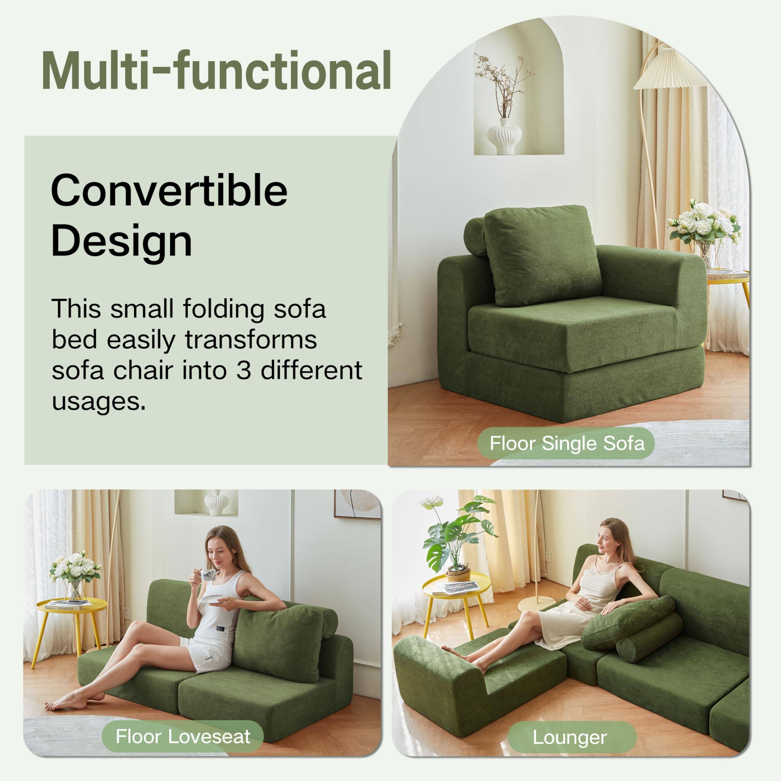 Multi-functional Convertible Design

This small folding sofa bed easily transforms sofa chair into 3 different usages.

- Floor Single Sofa
- Floor Loveseat
- Lounger