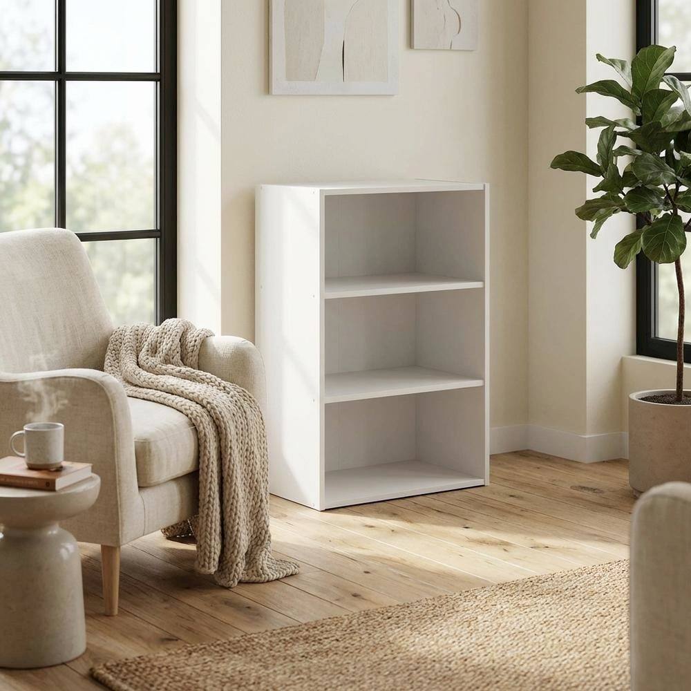 Left. FurniFact - Modern Wood Bookcase with Adjustable Shelves for Living Room Storage - White.