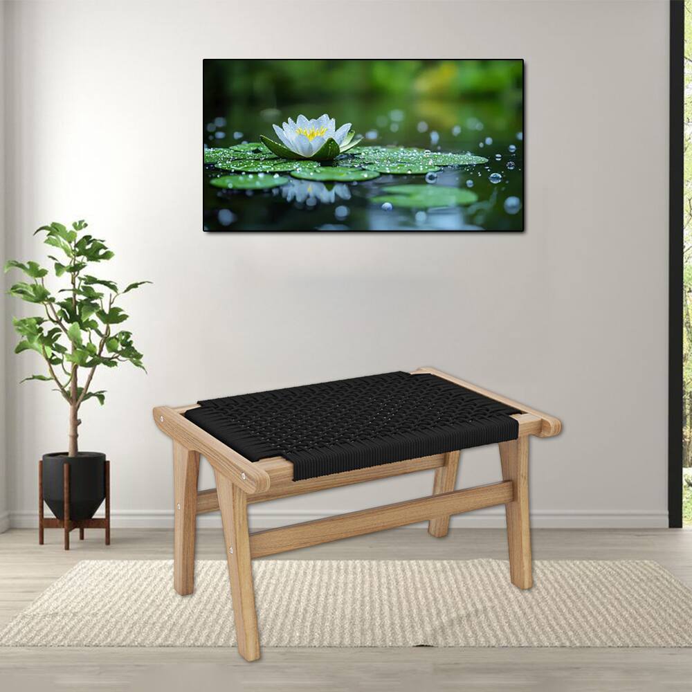 Front. Hivvago - Teak Wood Handwoven Cord Ottoman Stool for Indoor and Outdoor Use - Natural & Black.