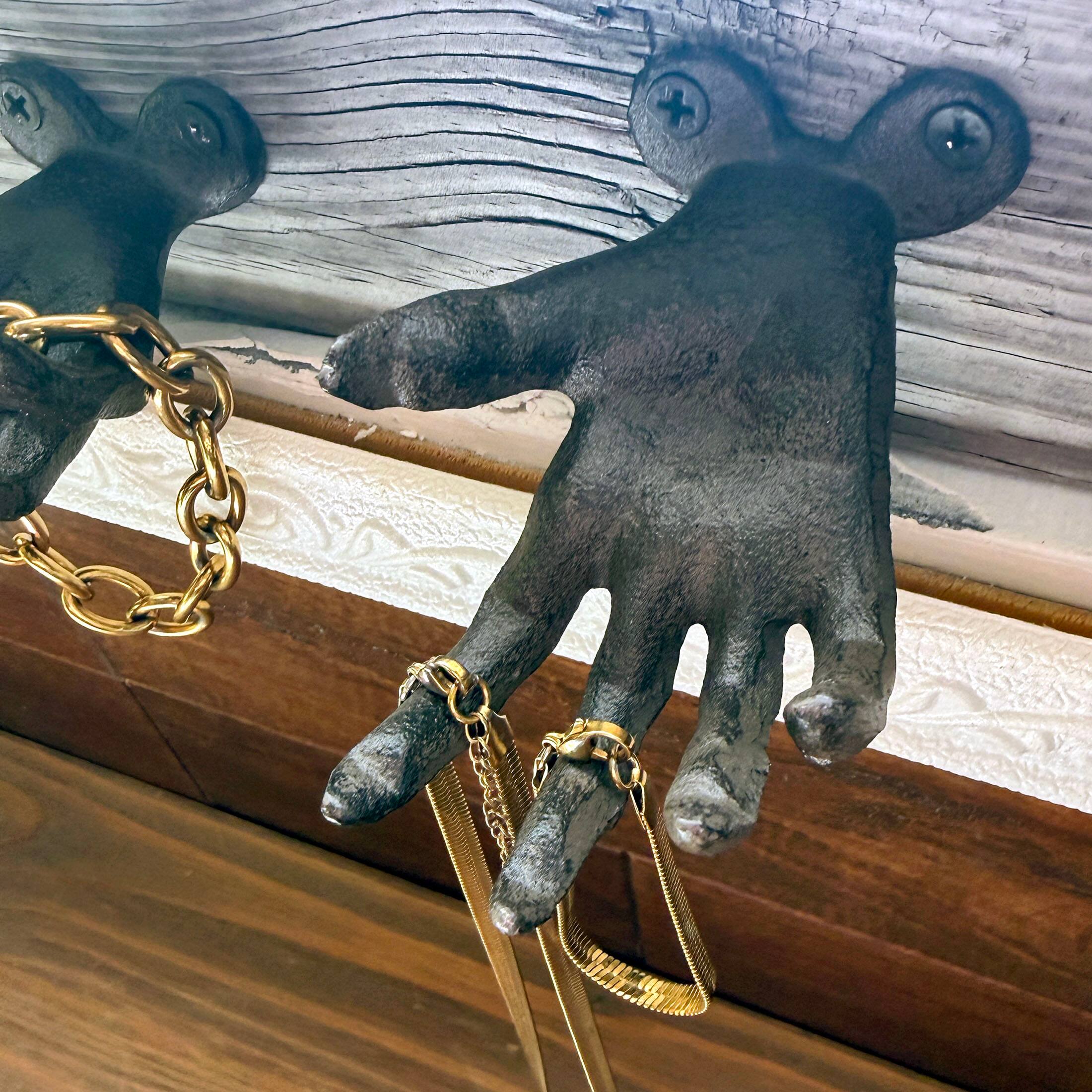 Alt View 7. Zeckos - Set of 3 Cast Iron Creepy Hand Wall Hooks Gothic Decor Distressed Black - Black.