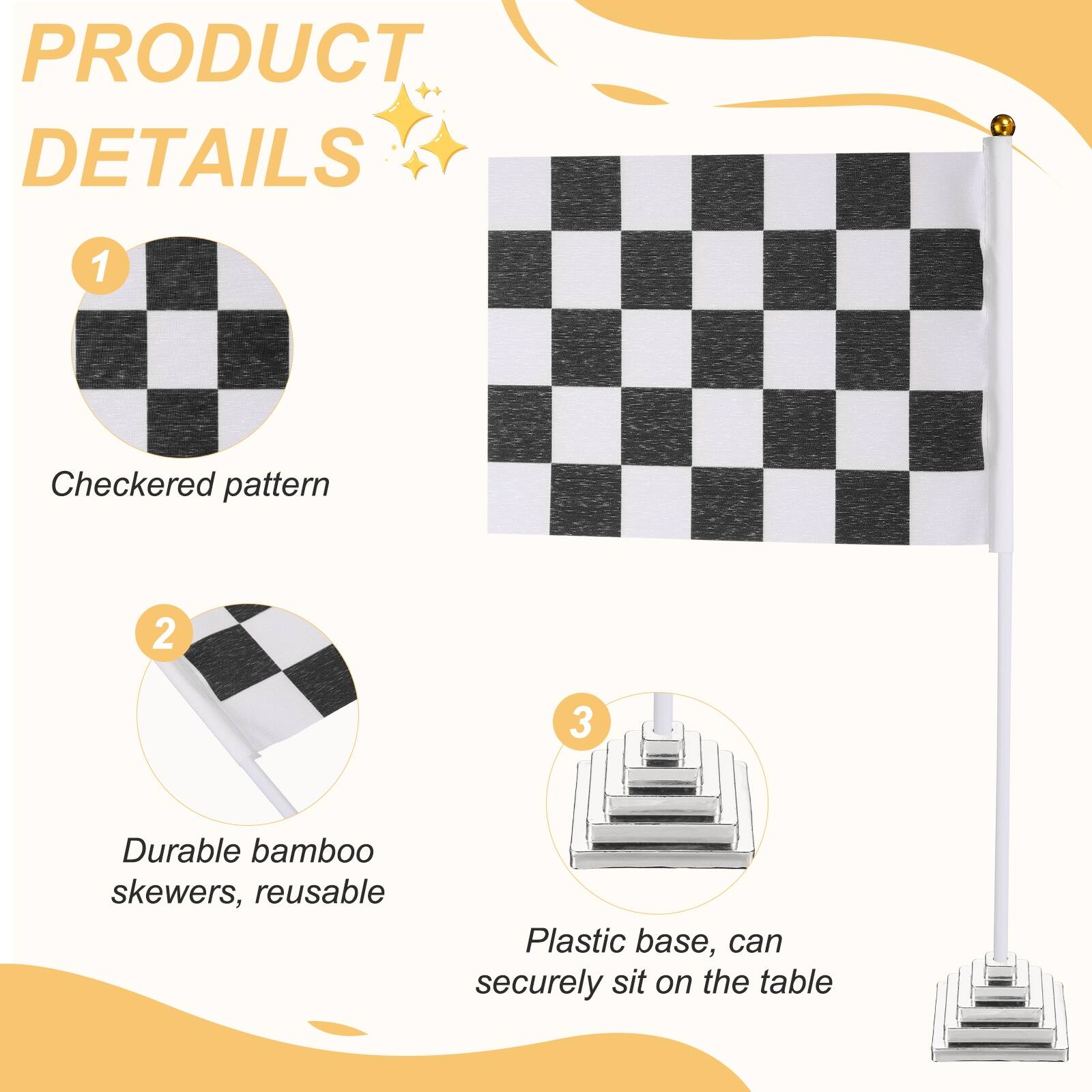 PRODUCT DETAILS

1. Checkered pattern

2. Durable bamboo skewers, reusable

3. Plastic base, can securely sit on the table