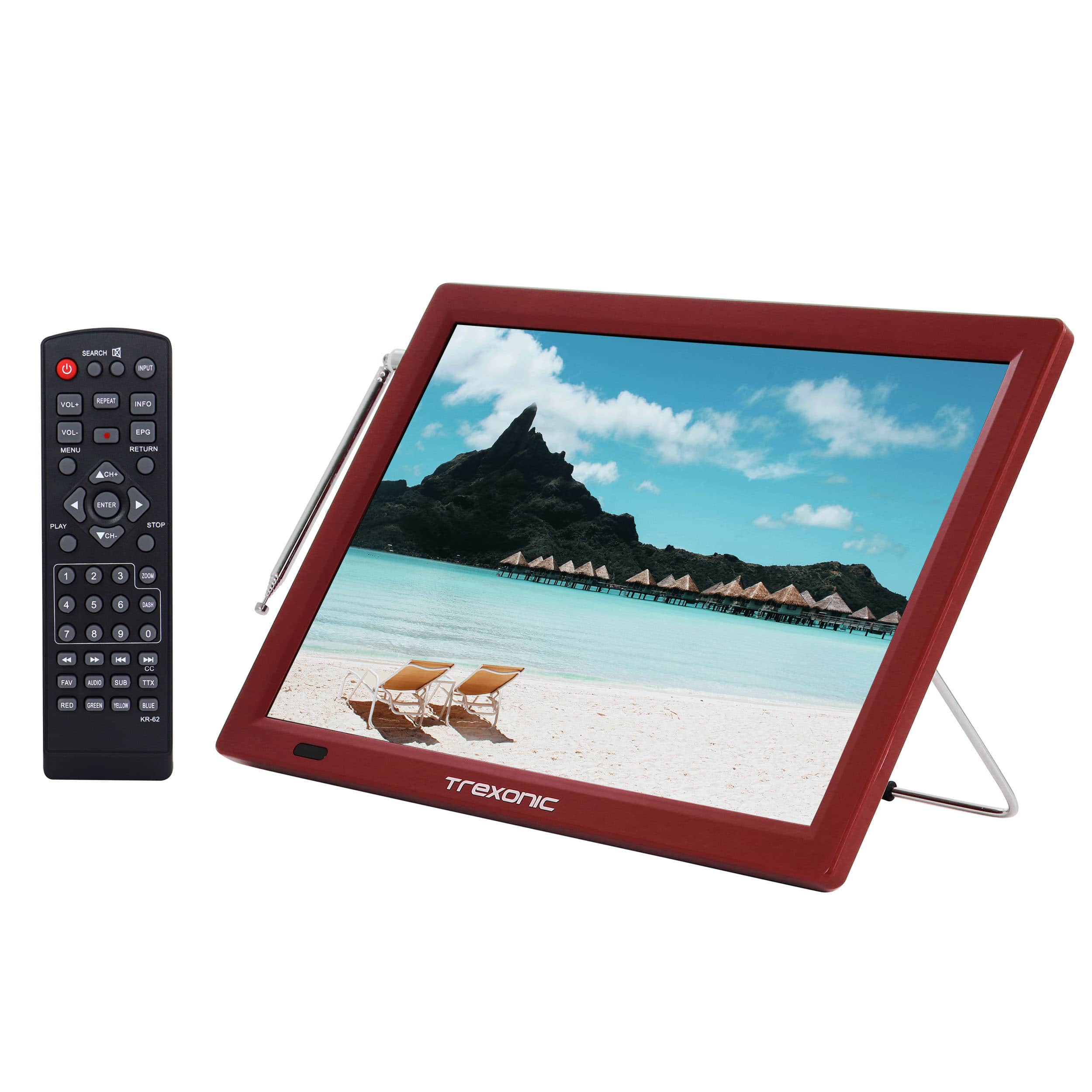Trexonic - Portable Rechargeable 14 Inch LED TV with HDMI, SD/MMC, USB, VGA, AV In/Out and Built-in Digital Tuner - Red
