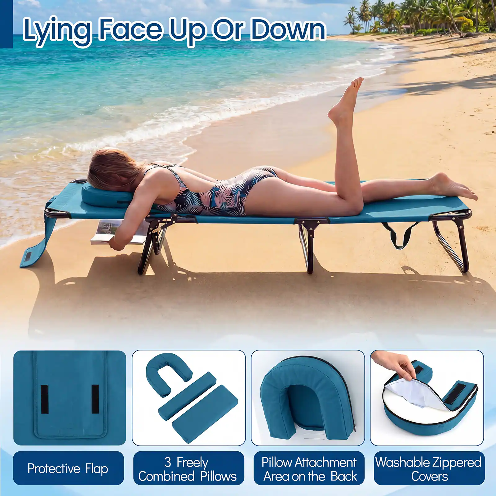 Lying Face Up Or Down

- Protective Flap
- 3 Freely Combined Pillows
- Pillow Attachment Area on the Back
- Washable Zippered Covers