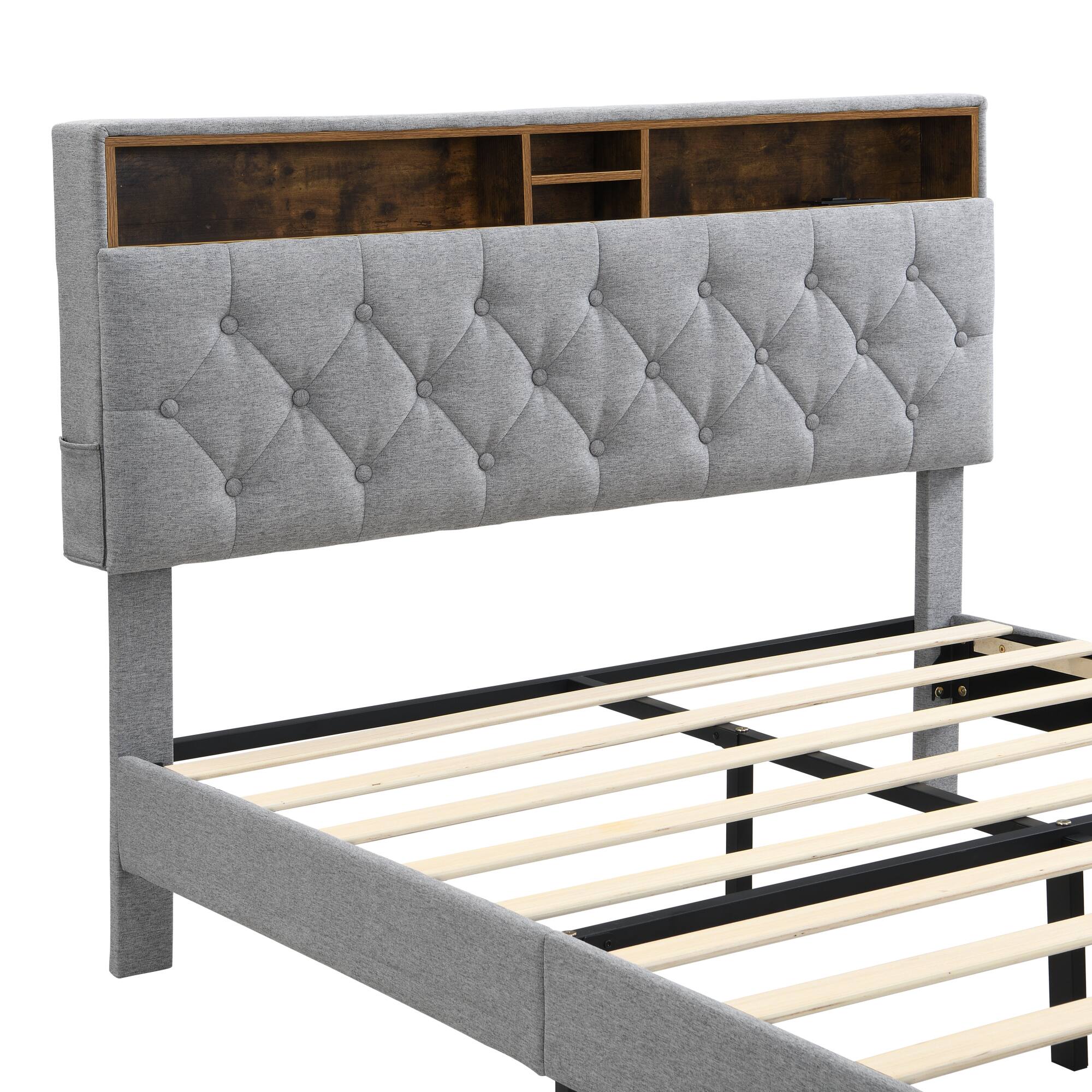 Alt View 5. GOODSILO - Queen-Size Upholstered Platform Bed Frame with Modern Button-Tufted Headboard and USB Charging Ports - Light Gray.