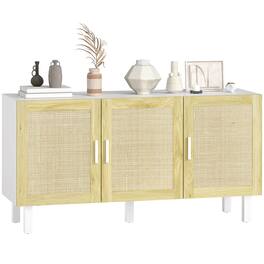 Homcom - Kitchen Cabinet, Buffet Cabinet with 3 Rattan Doors and Adjustable Shelves for Dining Room - White and Natural