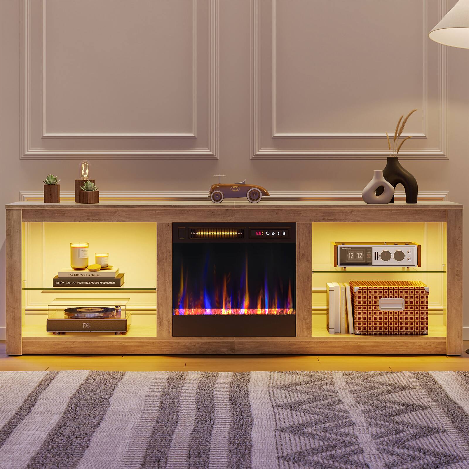 Bestier - 63-inch Fireplace Gaming TV Stand with RGB Lights, Adjustable Glass Shelves & Single-Pack Design - Washed Grey