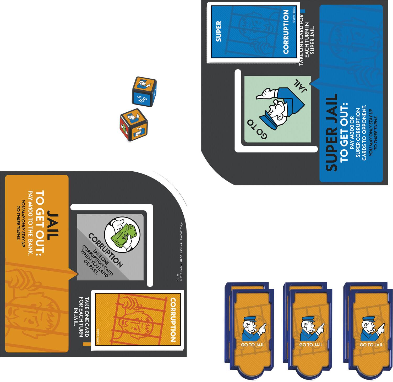 - TO GET OUT: PAY $100 TO THE BANK.
- TO GET OUT: PAY $300 TO THE BANK.
- CORRUPTION: TAKE ONE CARD AND GO TO JAIL.
- SUPER JAIL: PAY $500 TO CORRUPTION OR TAKE ONE CARD AND GO TO JAIL.
- GO TO JAIL.
- GO TO JAIL.
- GO TO JAIL.