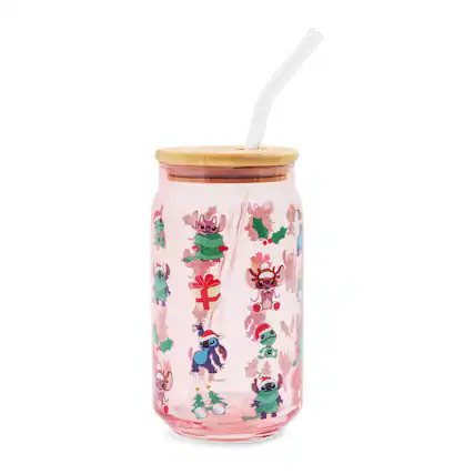 Front. Silver Buffalo - Disney Lilo & Stitch Holiday 16-Ounce Glass Tumbler With Bamboo Lid and Straw - Pink.