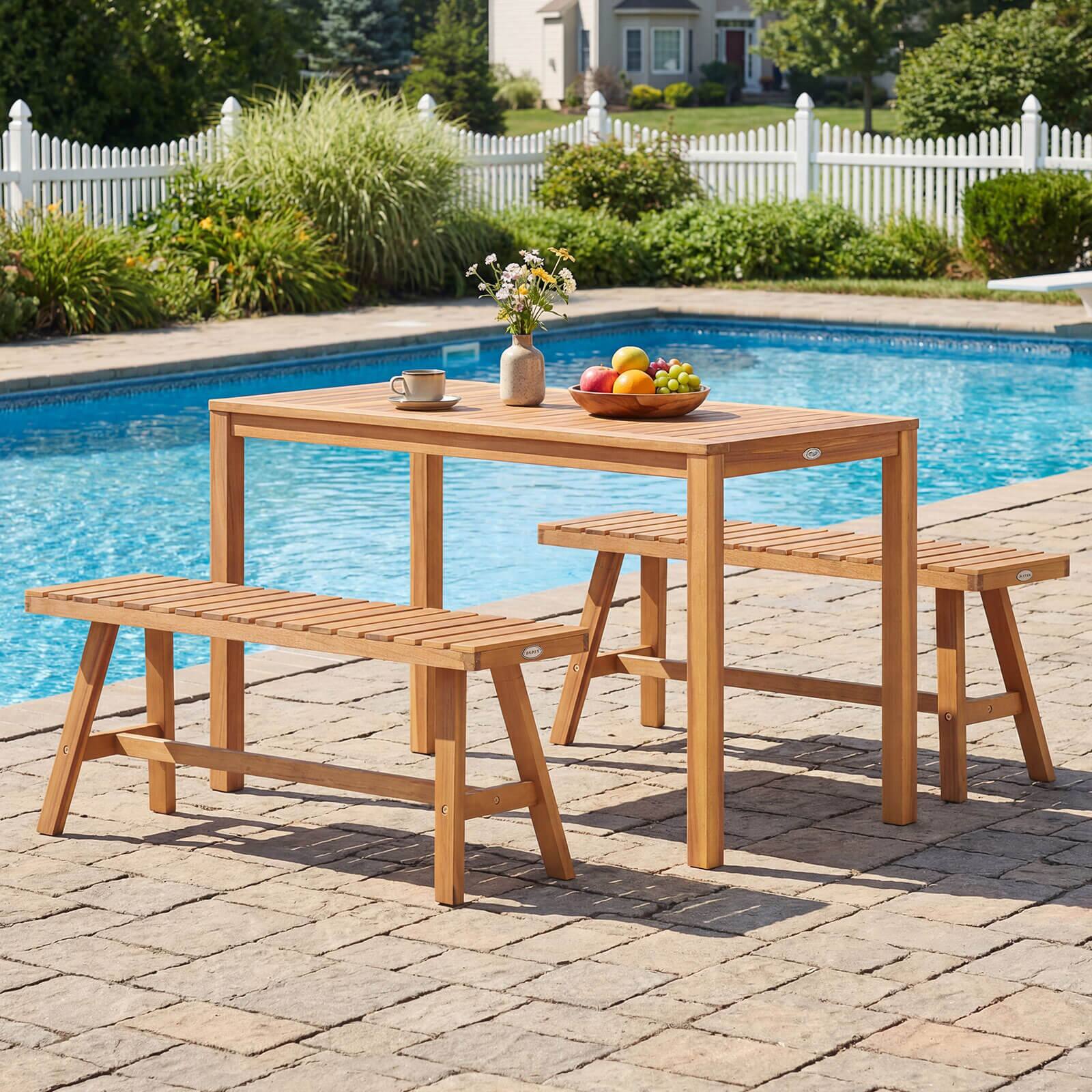 Alt View 5. Costway - Costway 3 PCS Acacia Wood Patio Dining Set with Slatted Seats for Deck, Lawn and Backyard - Natural.