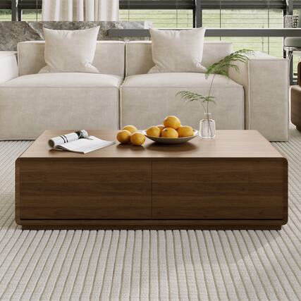 Front. POVISON - 51" Rectangular Wood Coffee Table with Storage, Mid-Century Modern Coffee Table with 4 Drawers, Fully-Assembled, Walnut - Walnut Color.