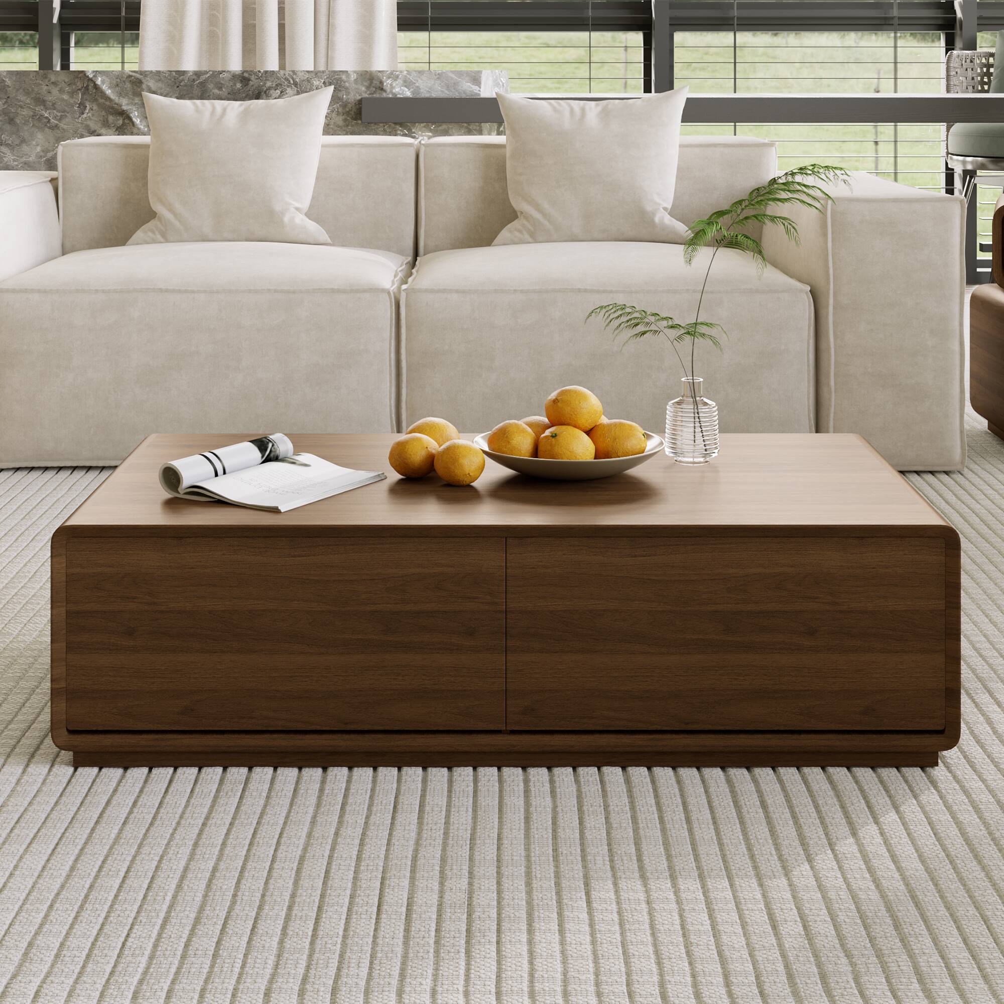 Front. POVISON - 51" Rectangular Wood Coffee Table with Storage, Mid-Century Modern Coffee Table with 4 Drawers, Fully-Assembled, Walnut - Walnut Color.