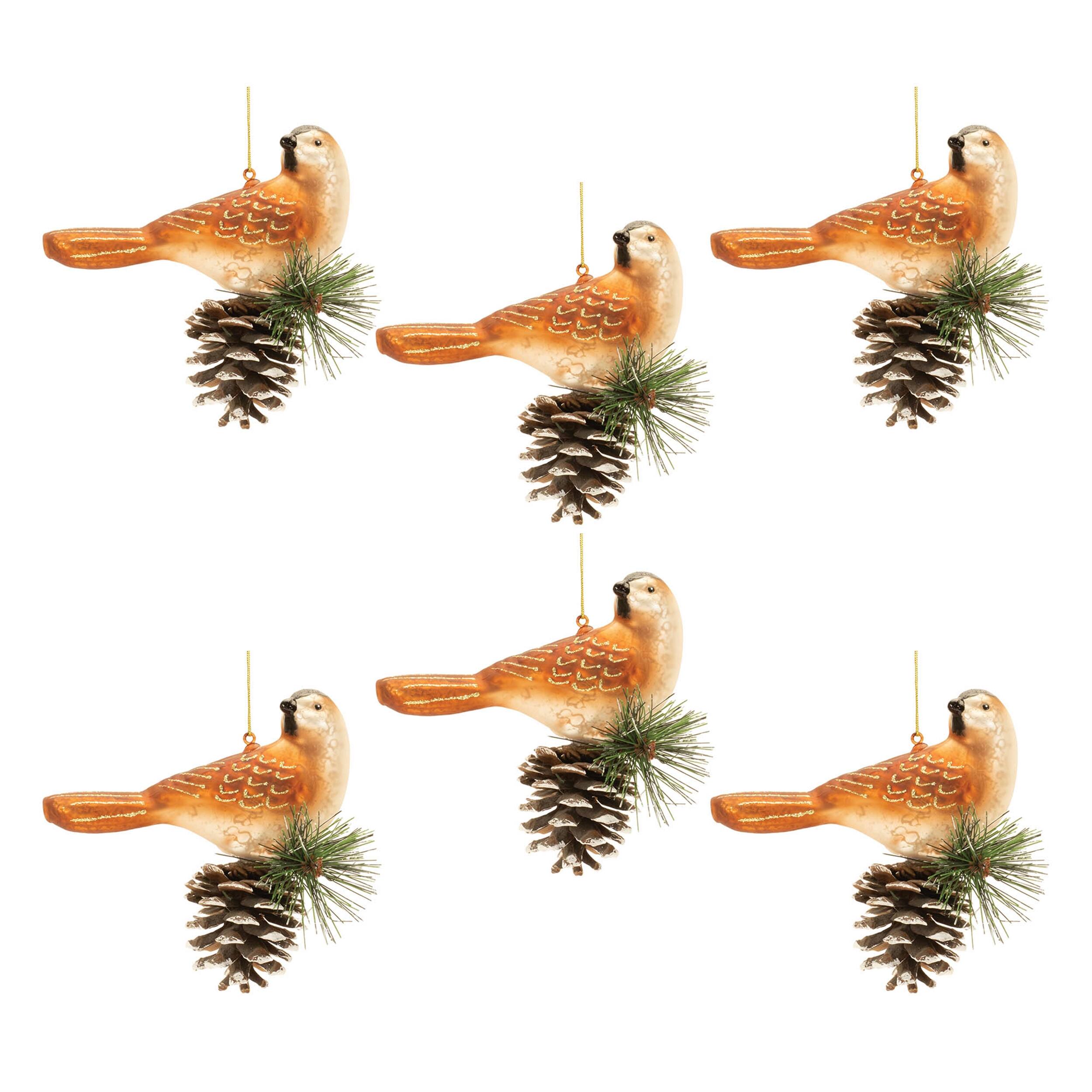 Left. BreeBe - Glittered Glass Bird and Piencone Ornament (Set of 6) - Orange, Brown.