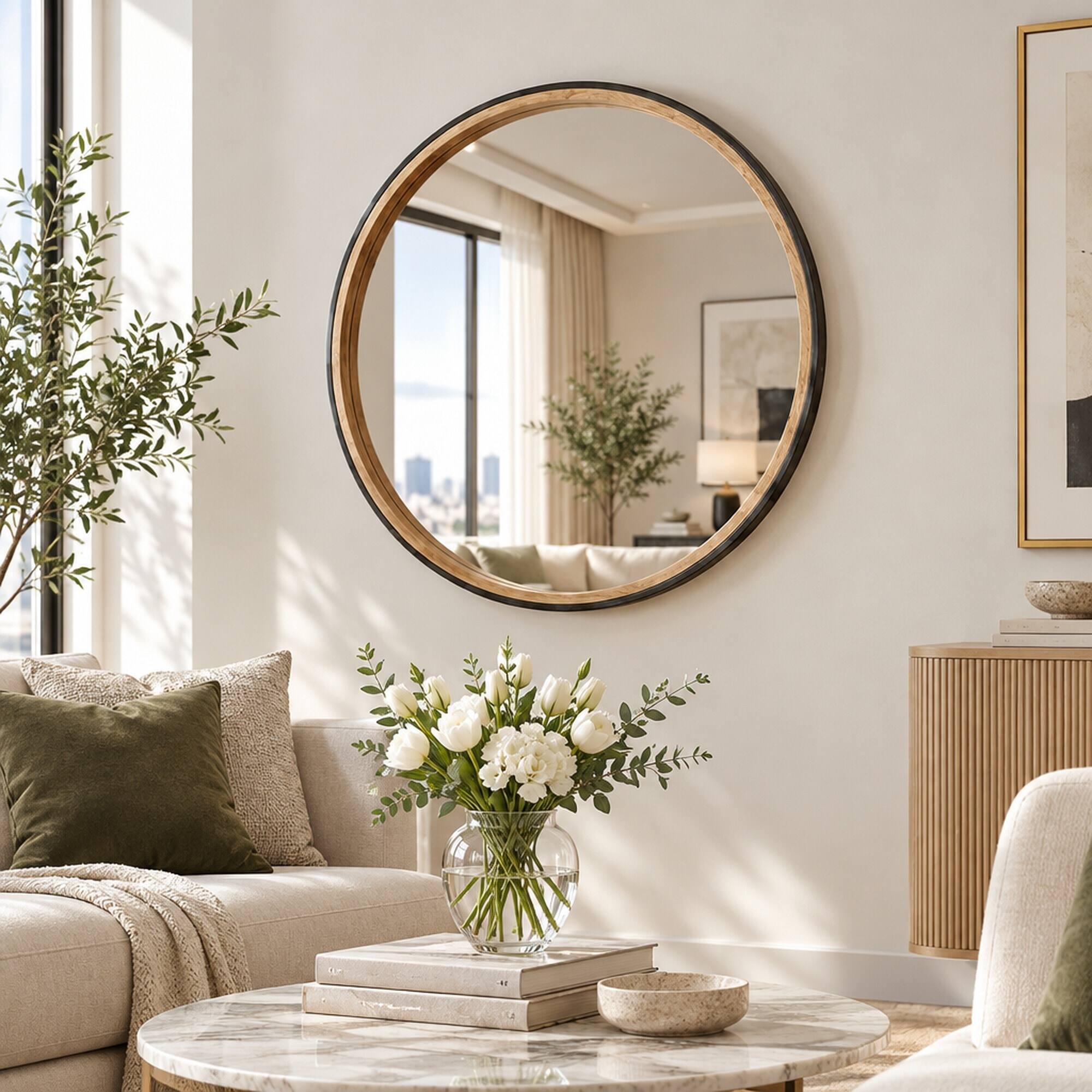 RYHNUYNE 31.3 in Round Wall Mirror, Two Tone Matte Black and Natural ...