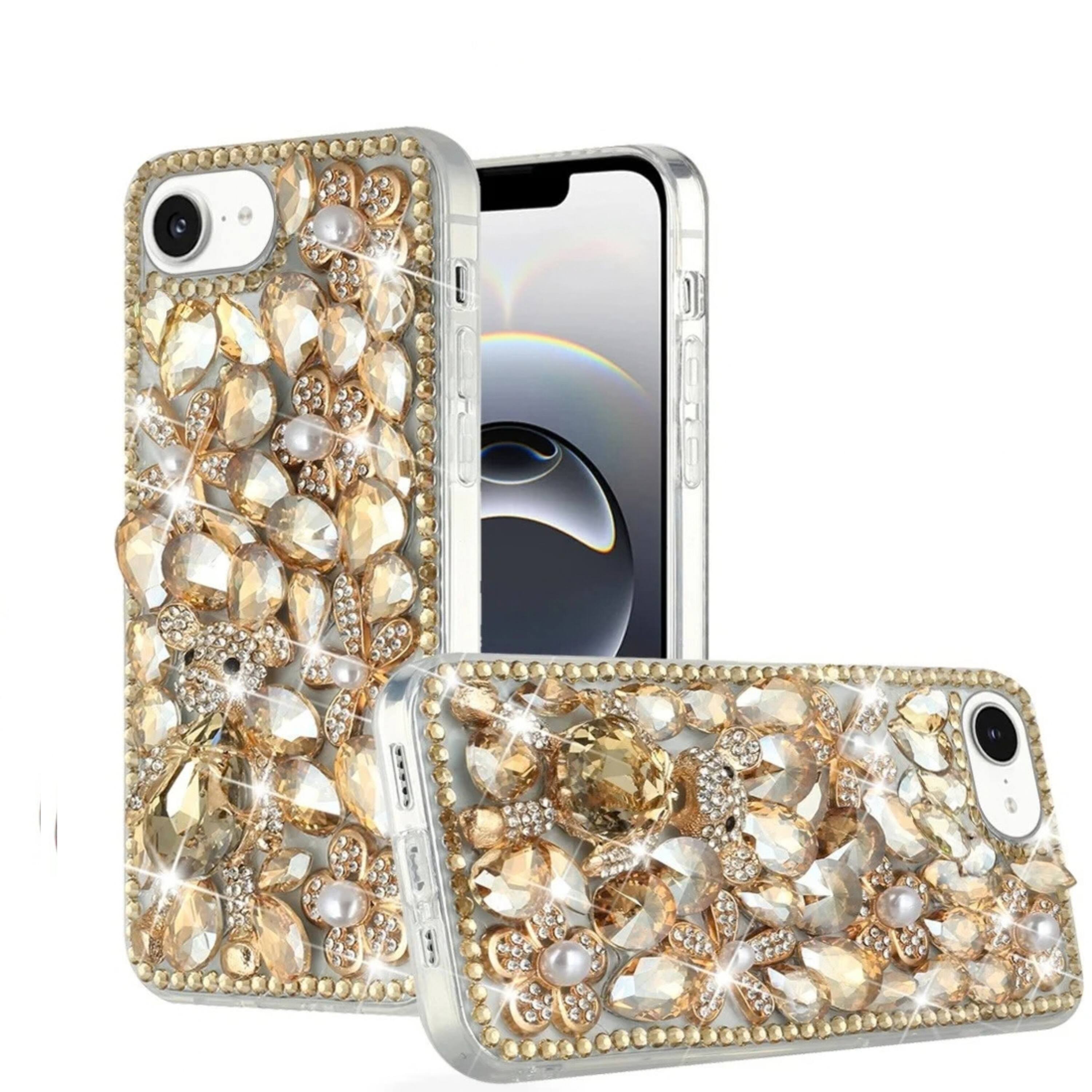 Front. Kitcheniva - Full Diamond Faux 3D Jewel Phone Case With Tempered Glass For iPhone 16e 17e Gold Floral - Gold.
