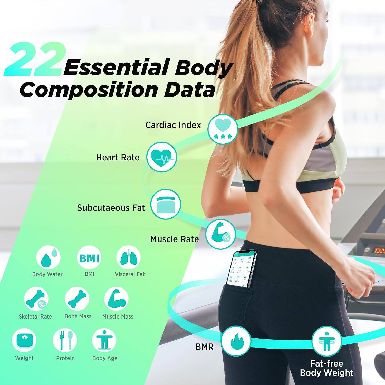 22 Essential Body Composition Data

- Cardiac Index
- Heart Rate
- Subcutaneous Fat
- Muscle Rate
- BMI
- Body Water
- Visceral Fat
- Skeletal Rate
- Bone Mass
- Muscle Mass
- Weight
- Protein
- Body Age
- BMR
- Fat-free Body Weight