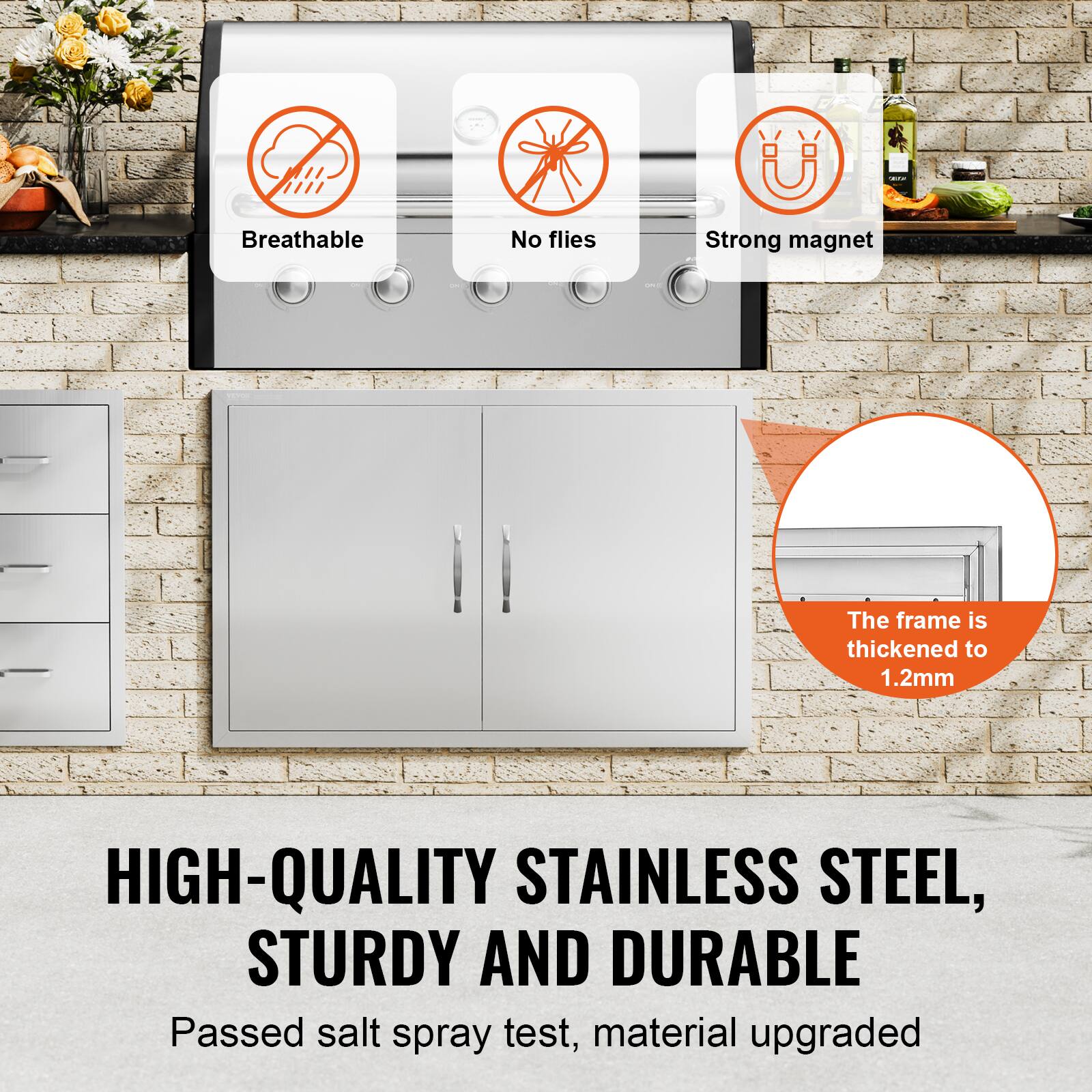 Breathable  
No flies  
Strong magnet  

The frame is thickened to 1.2mm  

HIGH-QUALITY STAINLESS STEEL, STURDY AND DURABLE  
Passed salt spray test, material upgraded