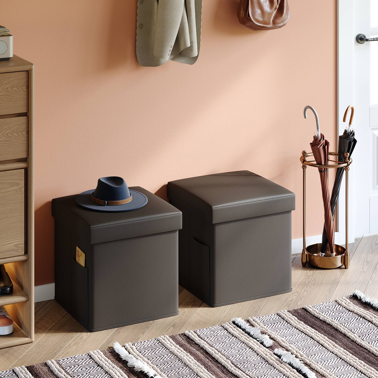 Angle. Pinmoco - Pinmoco - Leather Storage Ottoman Foldable Entryway Bench with Cozy Blanket and Side Pocket - Dark Brown.