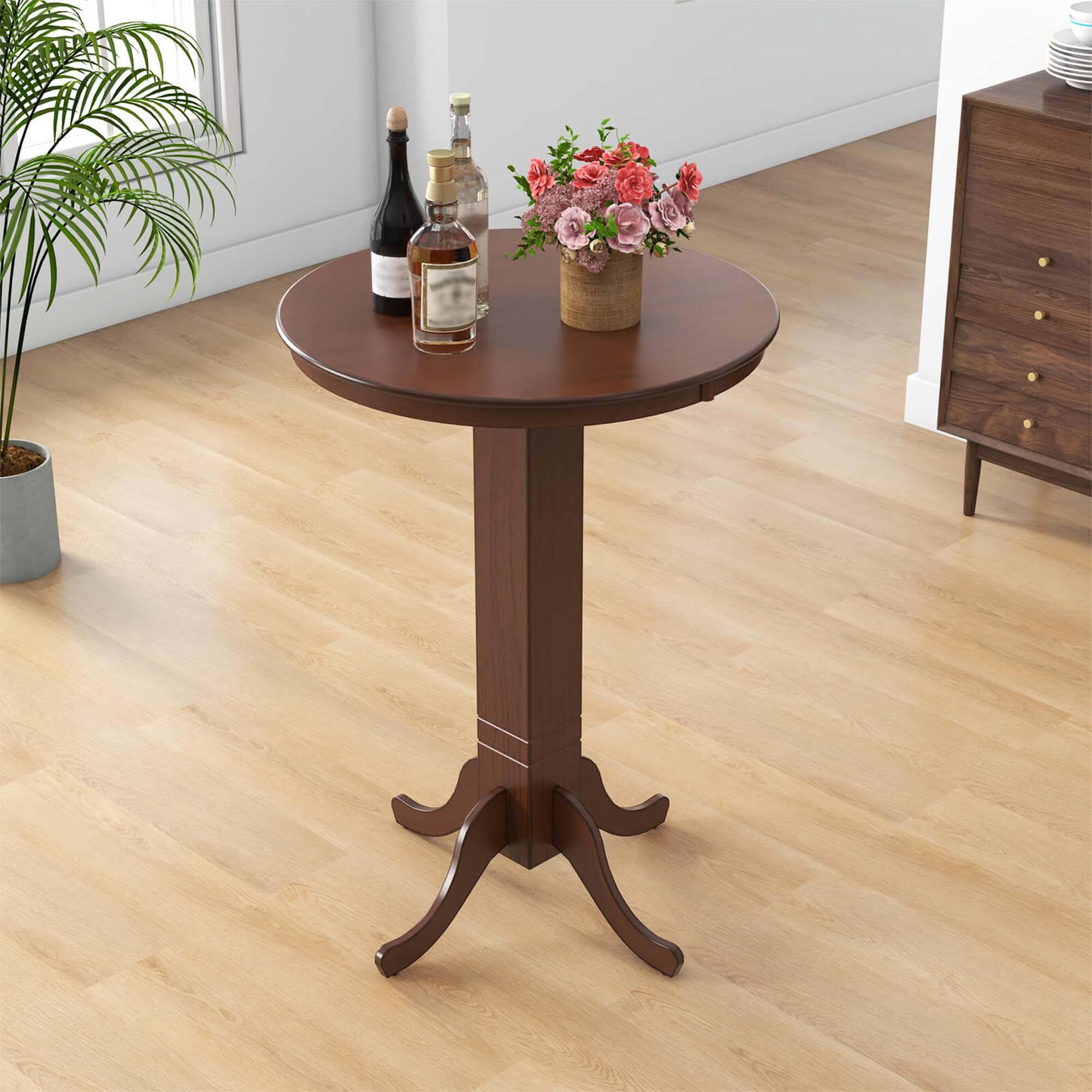Angle. Costway - 30 Inch Wood Pub Round Dining Table with Pedestal Base Kitchen Diner Table - Brown.