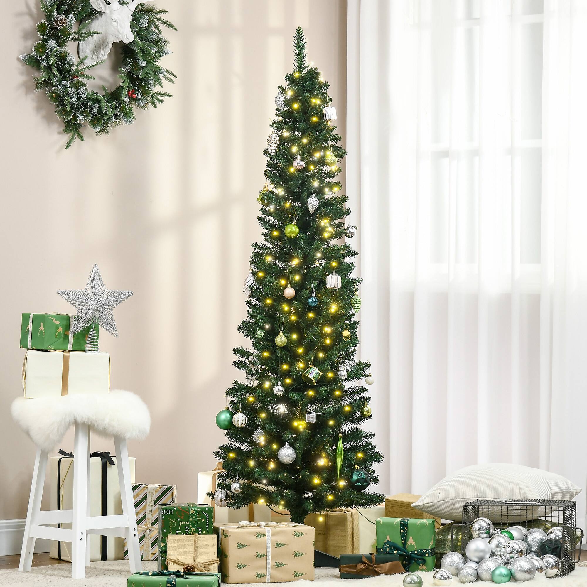 Alt View 1. Homcom - Tall Pre-Lit Slim Noble Fir Artificial Pencil Christmas Tree with 200 Warm White LED Lights and 390 Tips - green.